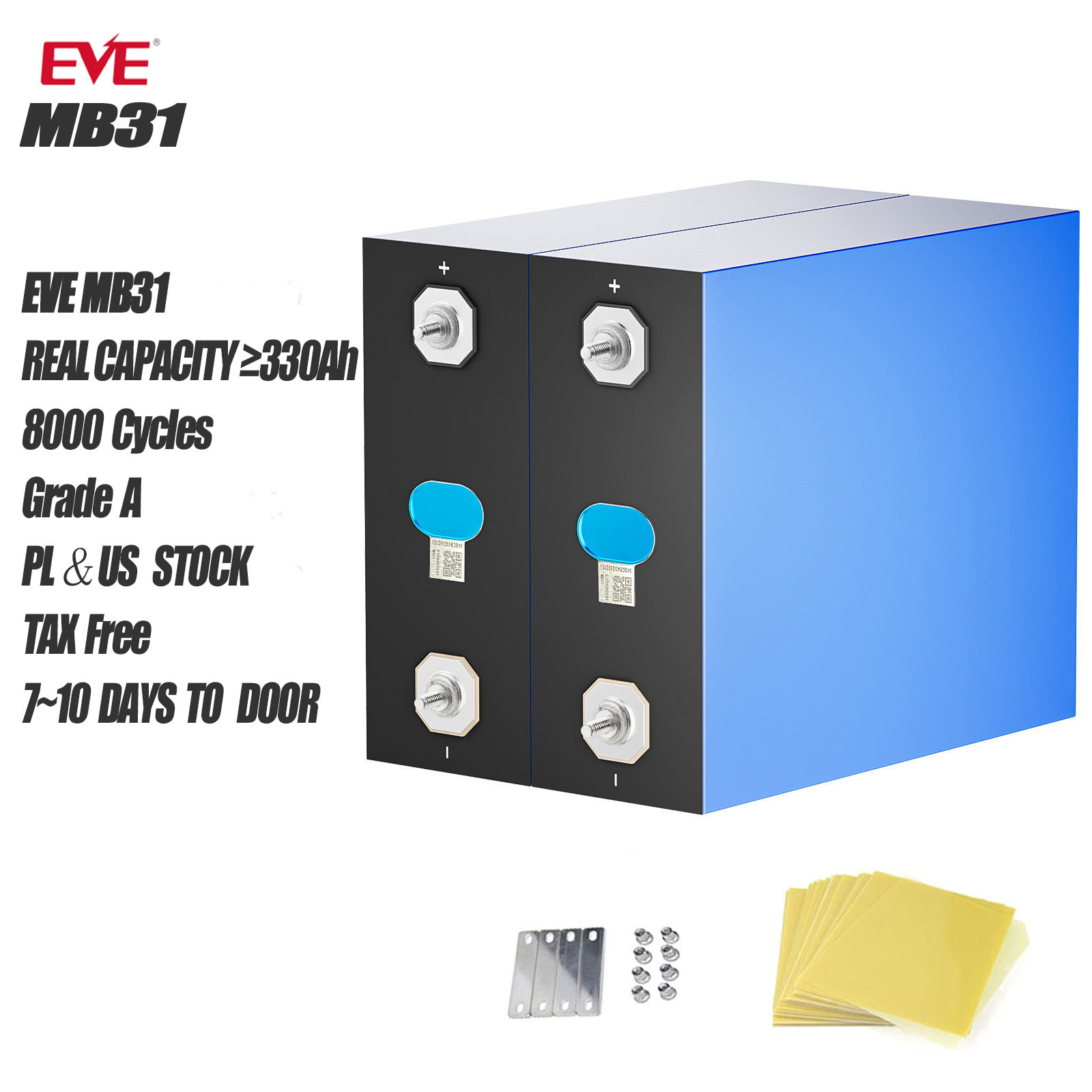 EU Stock Grade A 8000 Cycle EVE MB31 3.2V 314Ah LiFePO4 Battery Cells for solar energy storage, RV, marine, and EV battery projects